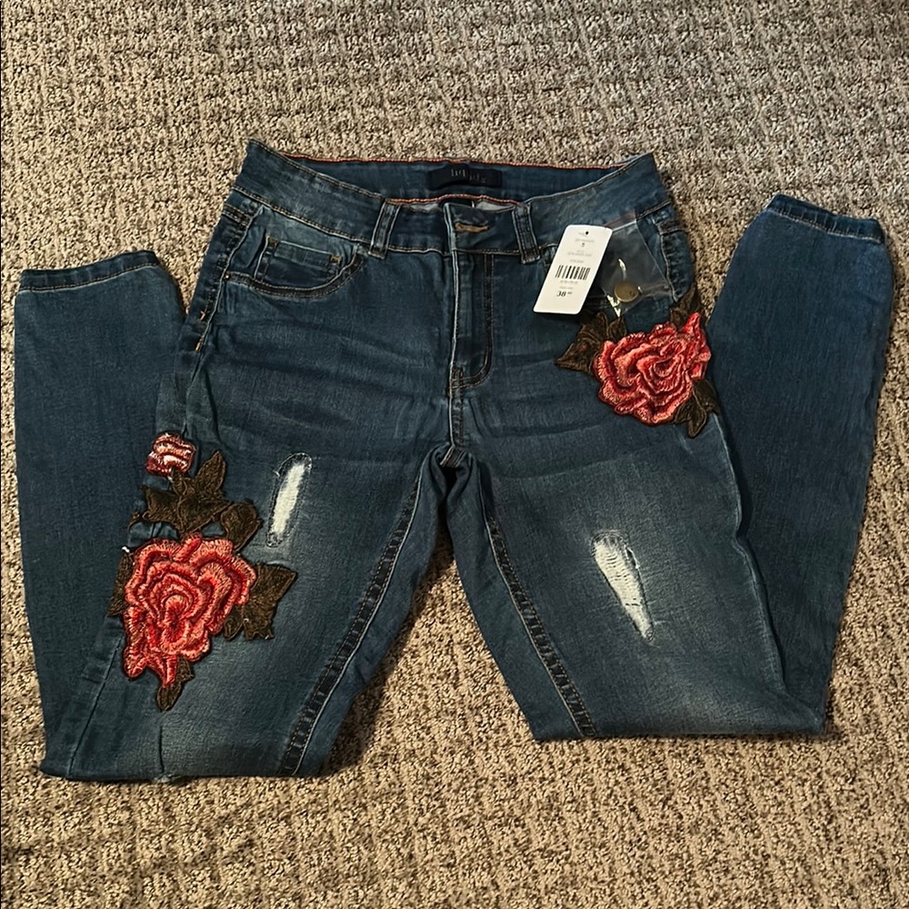 Liquido Denim Jeans with Red Floral Design
